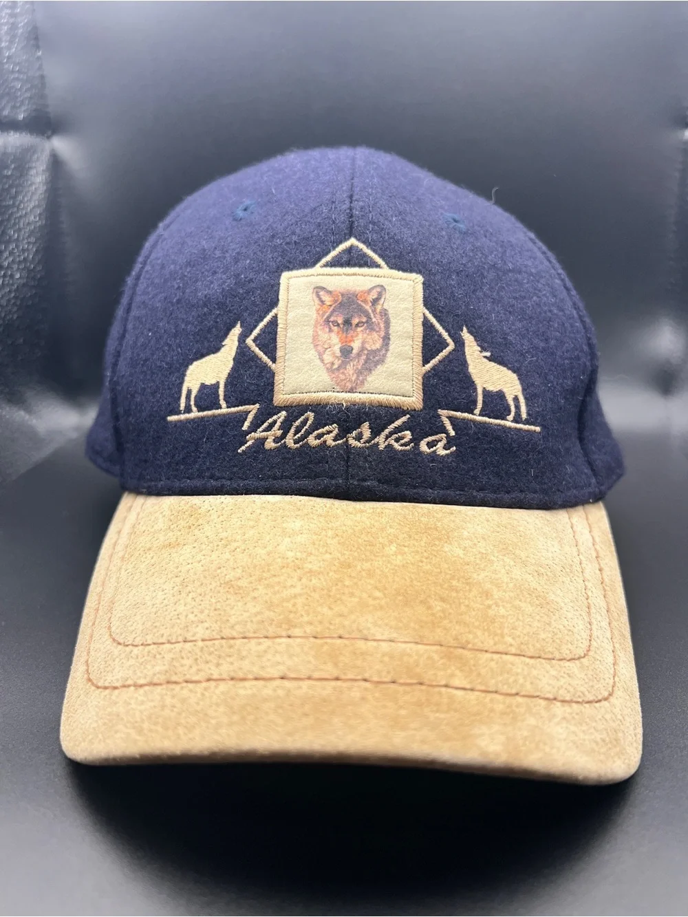 Alaska Embroidered Wolf Cap Hat in Navy and Tan